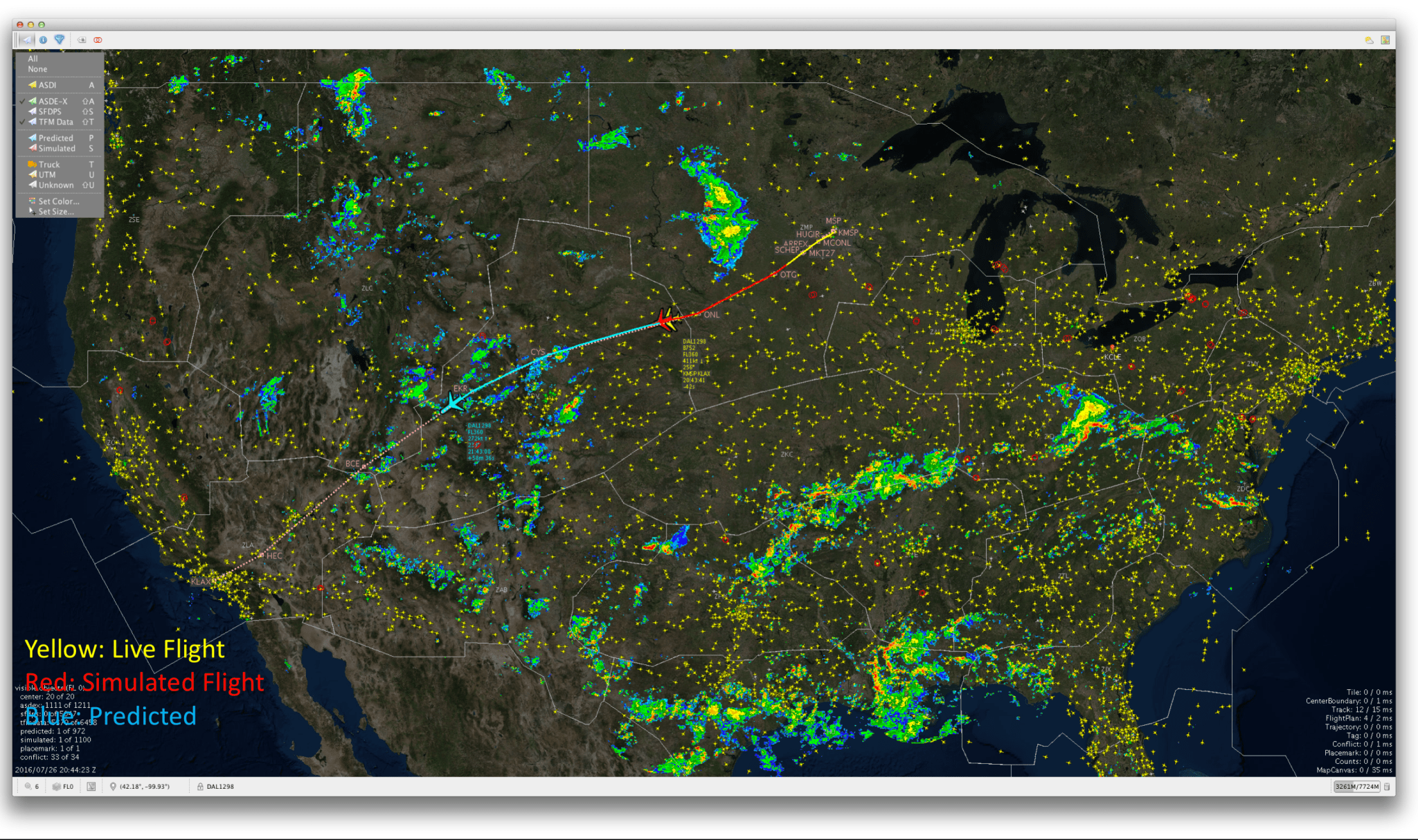 This screenshot shows an example of a shadow-mode simulation of a flight for its comparison with a live flight using ATM TestBed.