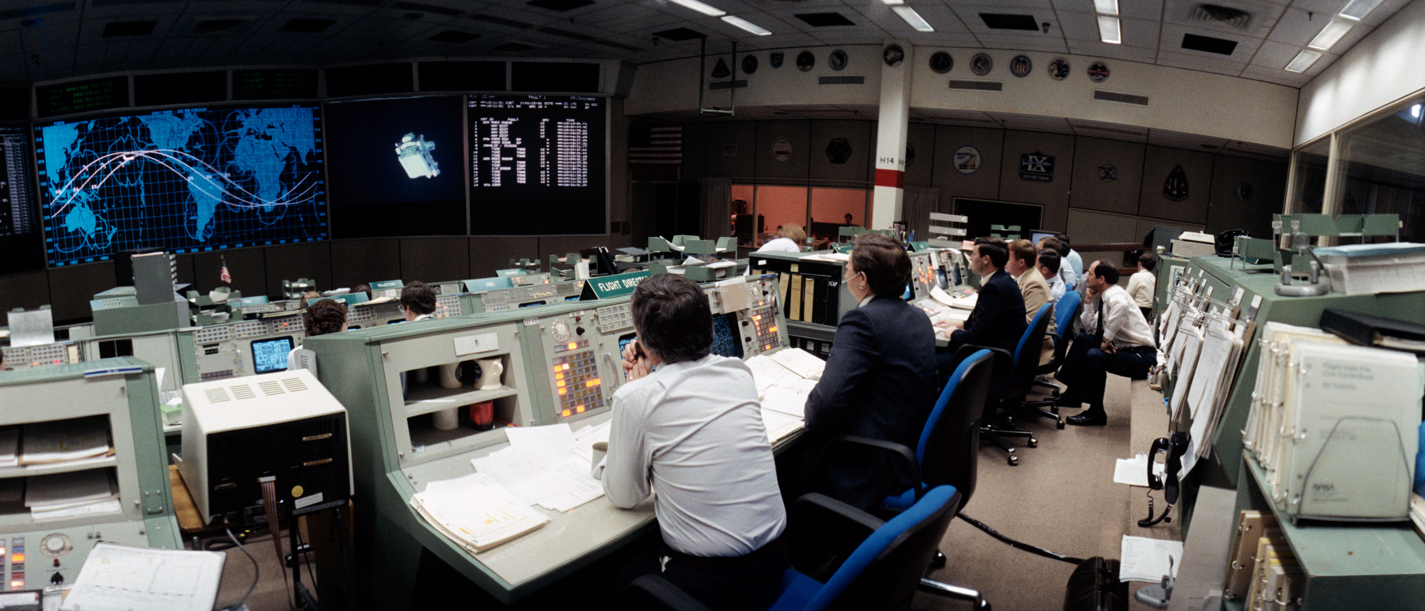 Mission Control during the first STS-41C spacewalk as NASA astronaut George D. 