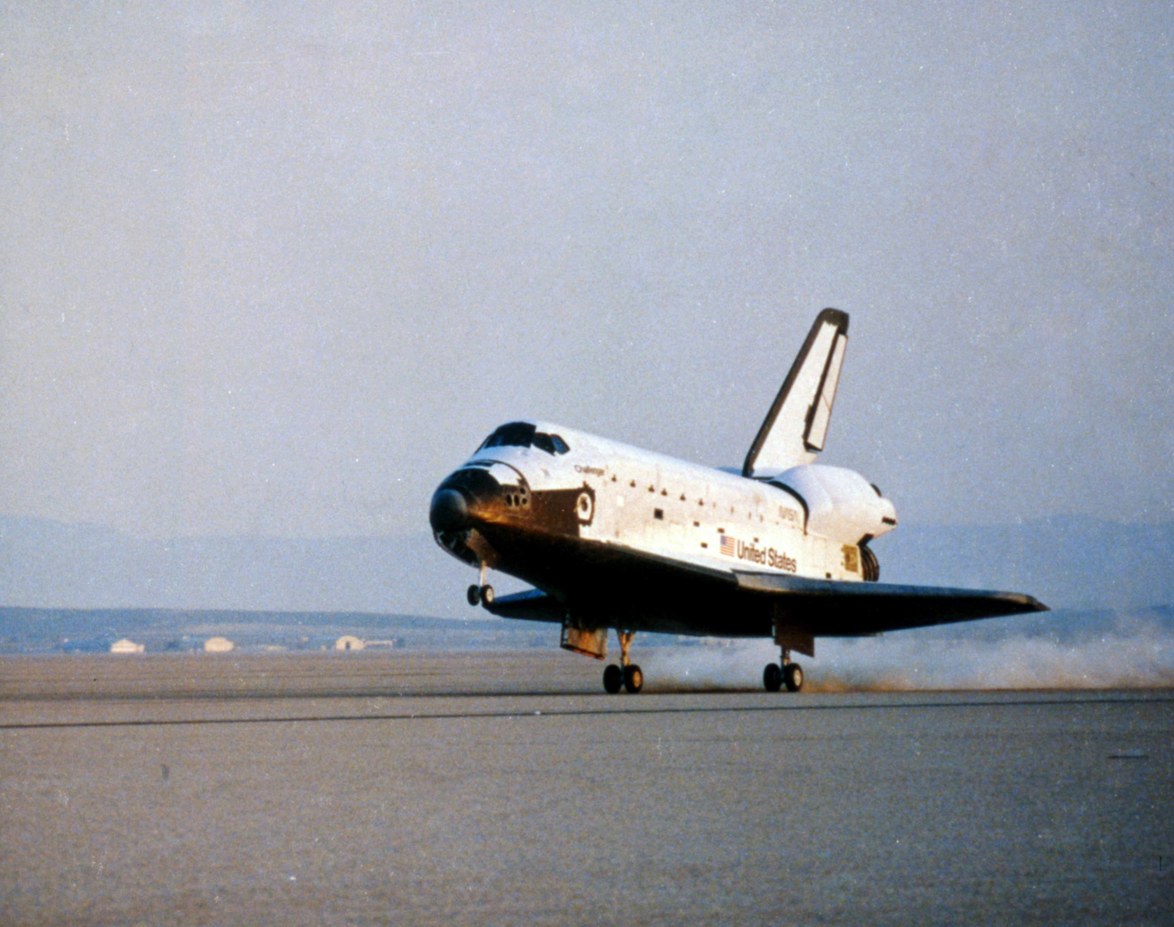 Space shuttle Challenger rolls down the runway at Edwards Air Force Base in California to end the STS-41C mission
