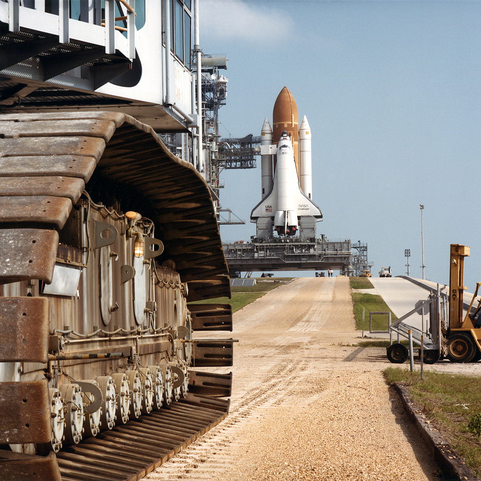 The crawler transporter departs Launch Pad 39A after delivering Challenger