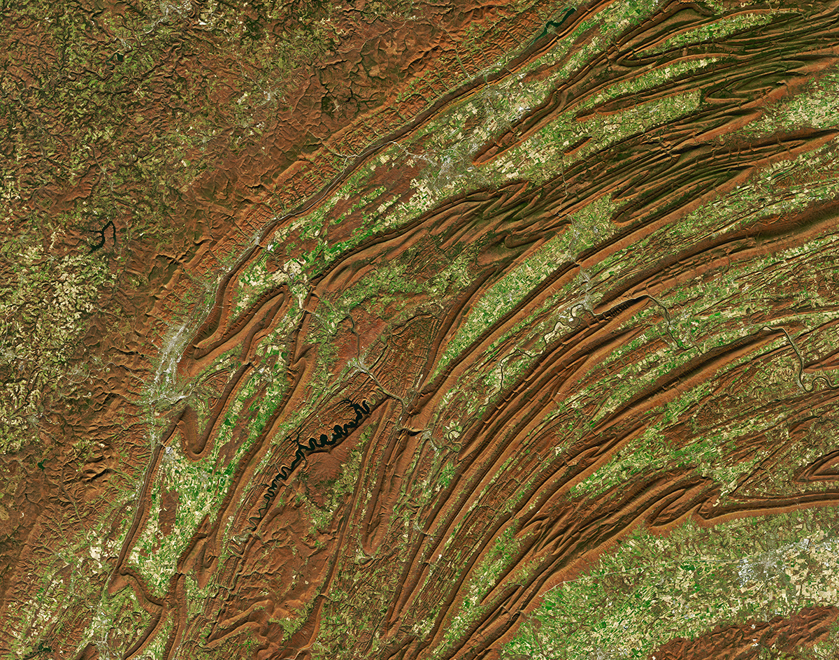 A natural-color image of mountains in central Pennsylvania taken by Landsat 8 