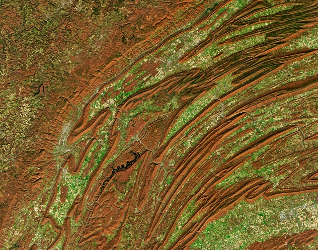 A natural-color image of mountains up in central Pennsylvania taken by Landsat 8