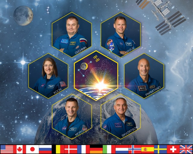 iss060-s-002 (May 6, 2019) --- The official Expedition 60 crew portrait with (clockwise from top right) astronauts Nick Hague of NASA and Luca Parmitano of ESA (European Space Agency), Roscosmos cosmonaut Alexander Skvortsov, NASA astronauts Drew Morgan and Christina Koch and Roscosmos cosmonaut Alexey Ovchinin.