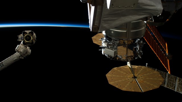 iss060e007151 (July 14, 2019) --- The tip of the Canadarm2 robotic arm (left), or the Leading End Effector, seemingly stares at the camera as the Sun's rays light up Earth's blue atmosphere. At right, a variety of solar arrays criss-cross the view, including the cymbal-shaped Ultra-Flex solar arrays attached to the Cygnus space freighter, a portion of one of the International Space Station's main solar arrays, and (at bottom right) part of a docked Russian spacecraft's solar array.