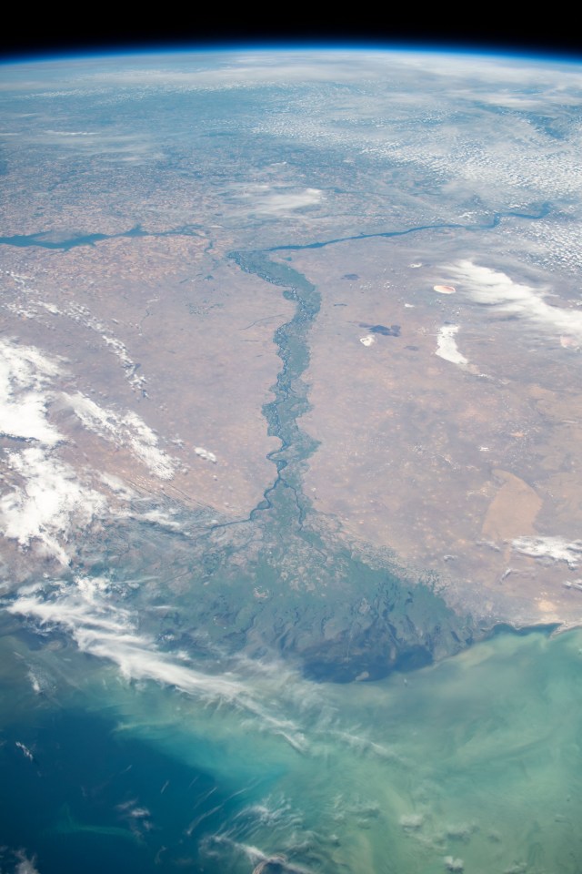 iss060e000602 (June 26, 2019) --- The Volga River is the longest river in Europe and runs through Russia with its delta flowing into the Caspian Sea just south of the Kazakhstan border. The International Space Station was orbiting above the Caspian Sea at an altitude of 256 miles when this photograph was taken during Expedition 60