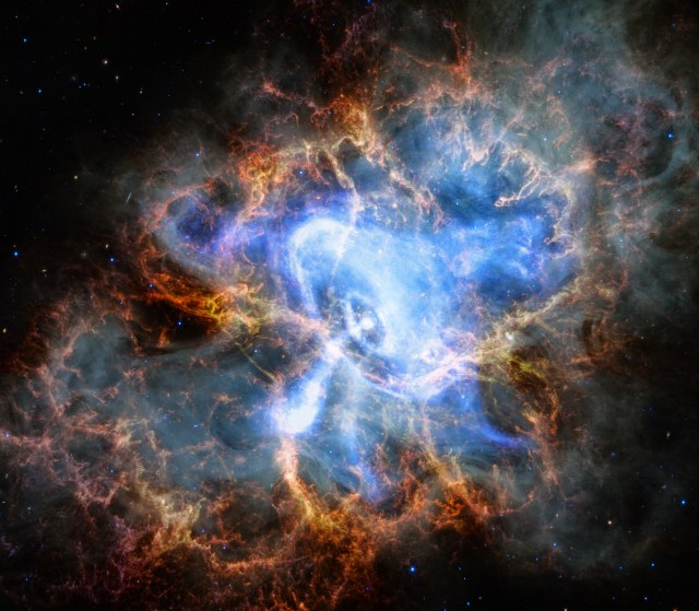 The Crab Nebula, the result of a bright supernova explosion seen by Chinese and other astronomers in the year 1054, is 6,500 light-years from Earth. At its center is a neutron star, a super-dense star produced by the supernova. As it rotates at about 30 times per second, its beam of radiation passes over the Earth every orbit, like a cosmic lighthouse. As the young pulsar slows down, large amounts of energy are injected into its surroundings. In particular, a high-speed wind of matter and anti-matter particles plows into the surrounding nebula, creating a shock wave that forms the expanding ring seen in the movie. Jets from the poles of the pulsar spew X-ray emitting matter and antimatter particles in a direction perpendicular to the ring. This image show the X-ray data from Chandra along with infrared data from the Webb space telescope.