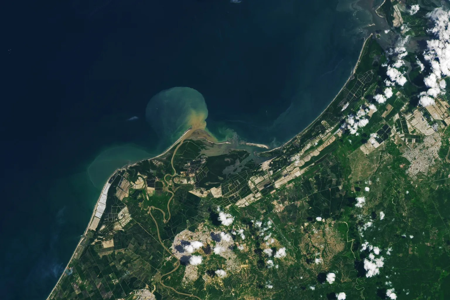 Rectangular ponds for shrimp farming line the coast of northern Peru in this image captured on March 14, 2024, by the OLI-2 (Operational Land Imager-2) on Landsat 9.