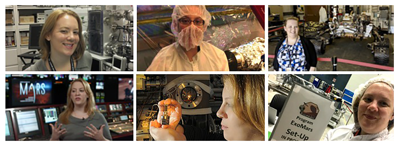 Short and wide montage of six pictures of Veronica Pinnick doing various parts of her job. In some, she is dressed in clean room attire. In others, she's doing outreach activities, talking into a camera.