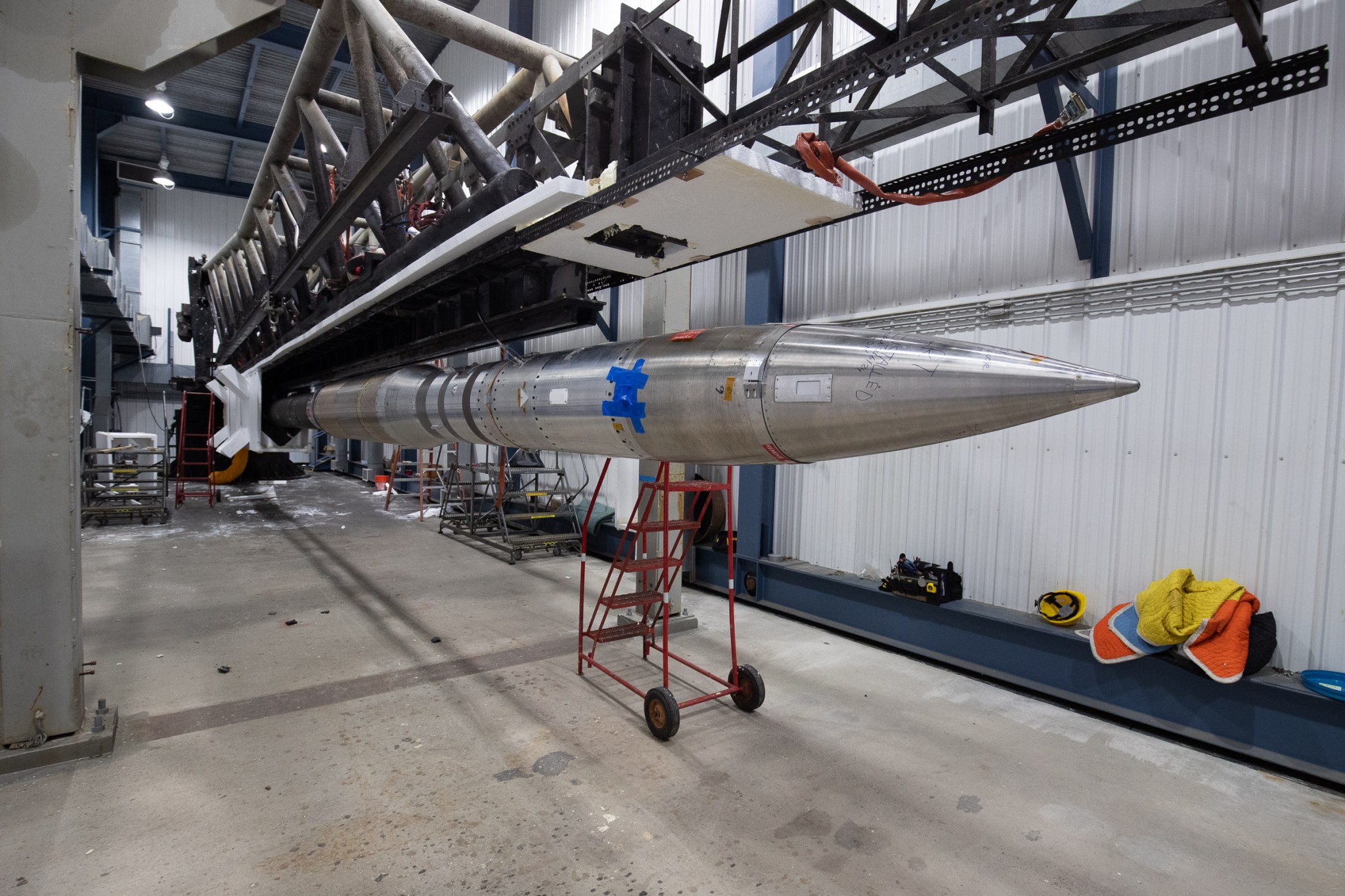 The Hi-C Flare experiment and rocket subsystems are staged on the launch rail and prepared for integration with the rocket motors in April 2024.