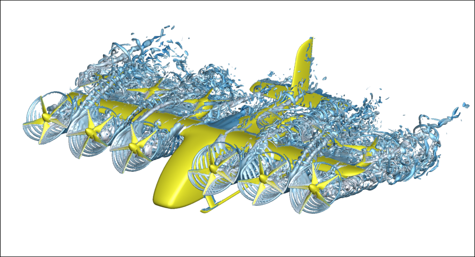 A yellow aircraft model with six propellors is shown in motion in this image as it hovers. Silver waves come off of the aircraft propellors to show it in motion.