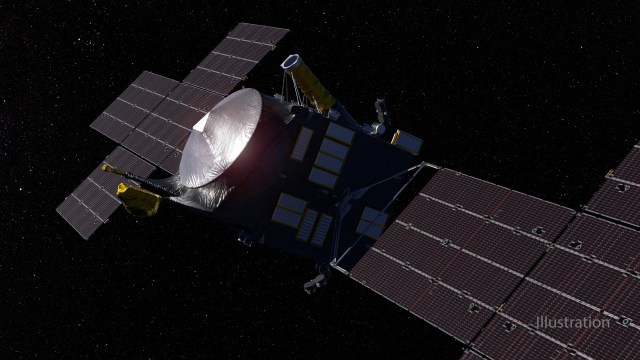 This artist’s concept depicts NASA’s Psyche spacecraft headed to the metal-rich asteroid Psyche in the main asteroid belt between Mars and Jupiter. The spacecraft launched in October 2023 and will arrive at its destination in 2029.