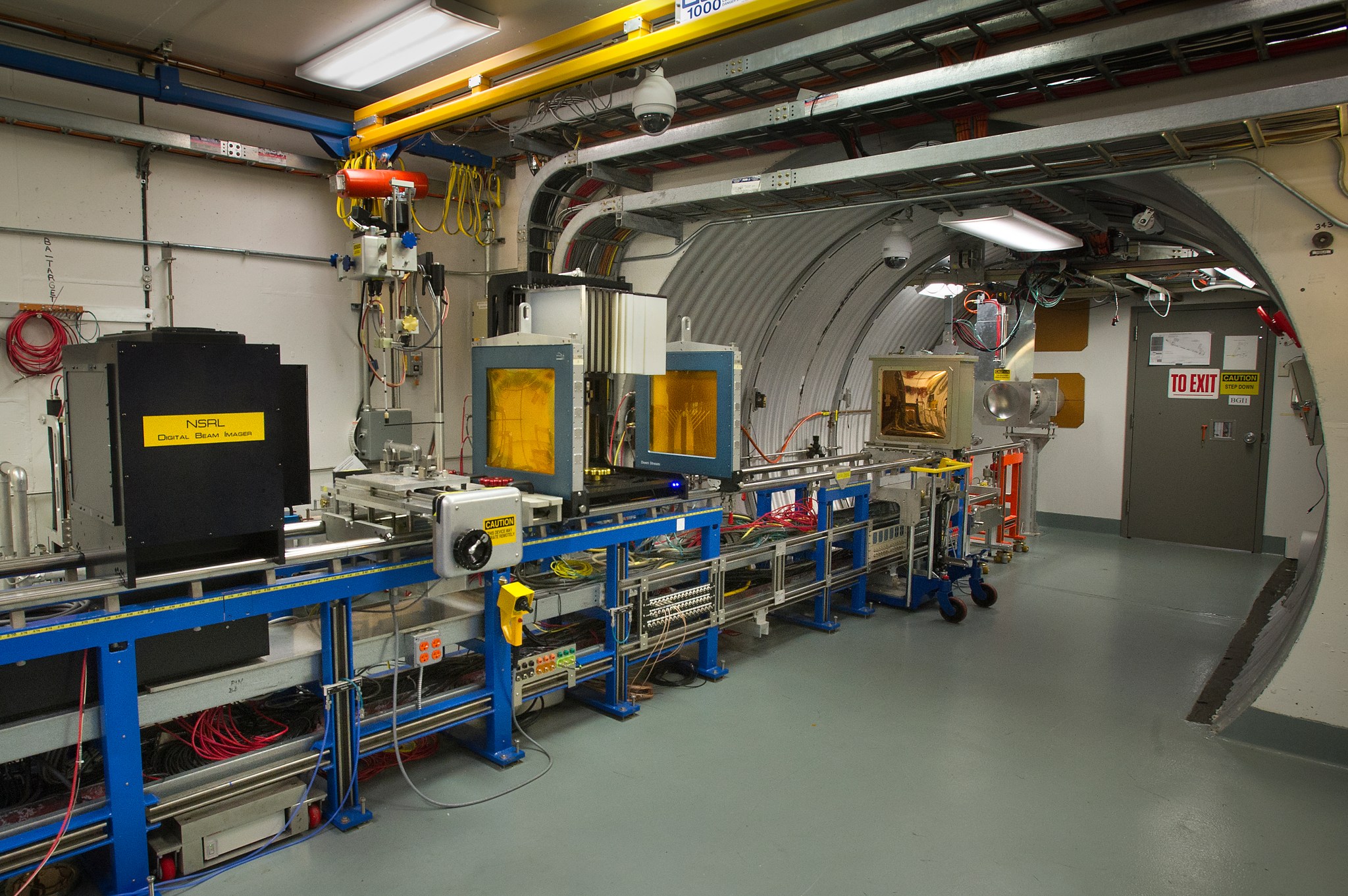 The beamline pictured at the NASA Space Radiation Laboratory, which was established to study the radiobiological effects using beams that simulate the cosmic rays found in space for biological research and electronics testing. The radiation laboratory is the only facility in the world with a galactic cosmic ray simulator and with the capability (heavy ions/highest energies) to test highly integrated microelectronic systems.