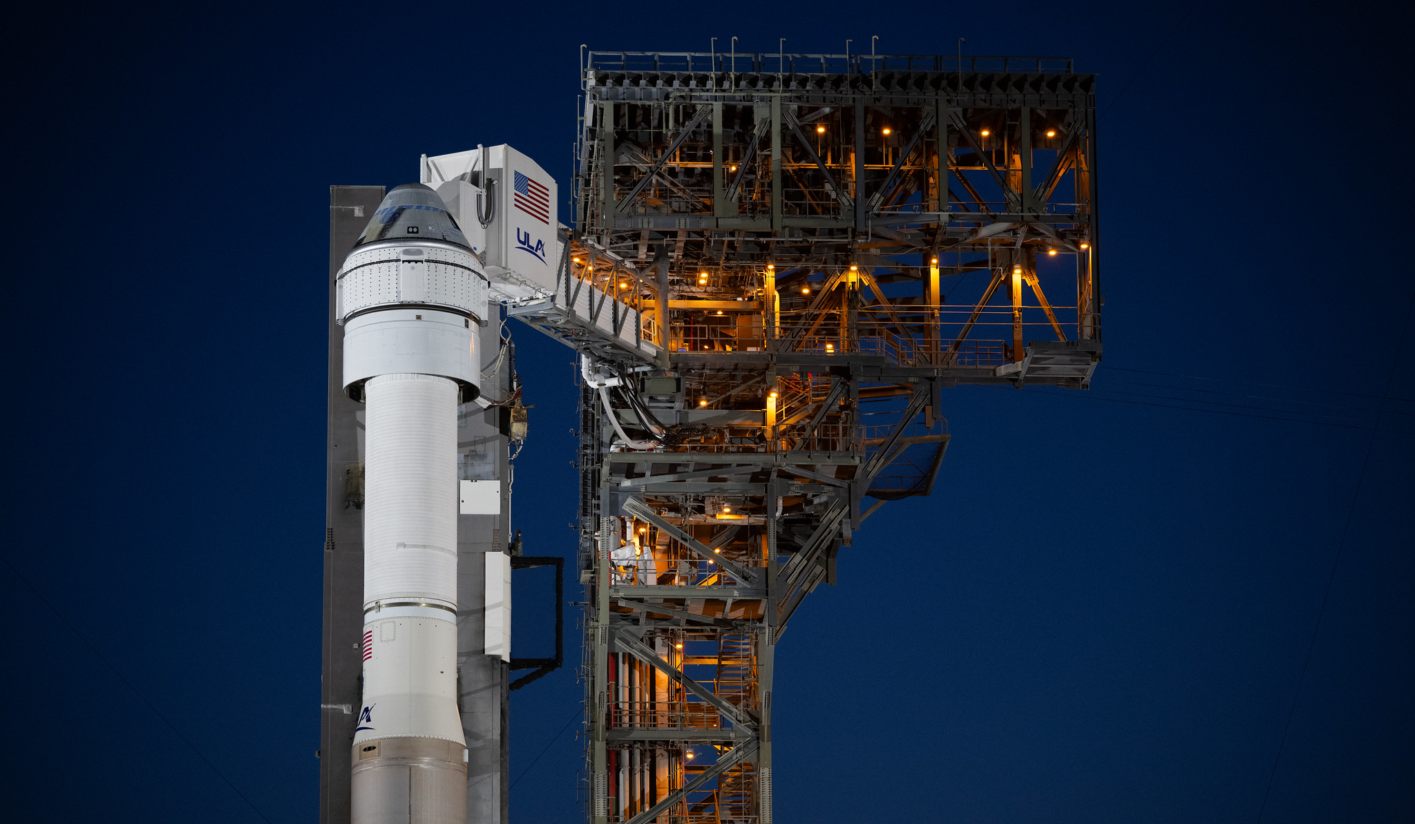 A United Launch Alliance Atlas V rocket with Boeing’s CST-100 Starliner spacecraft aboard is seen illuminated by spotlights on the launch pad at Space Launch Complex 41 ahead of the NASA’s Boeing Crew Flight Test, Saturday, May 4, 2024 at Cape Canaveral Space Force Station in Florida.