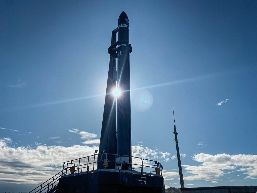 Rocket Lab’s Electron rocket called "PREFIRE and Ice” is vertical on the pad in Mahia, New Zealand ahead of launching the second of two PREFIRE CubeSats for NASA on May 29, 2024.