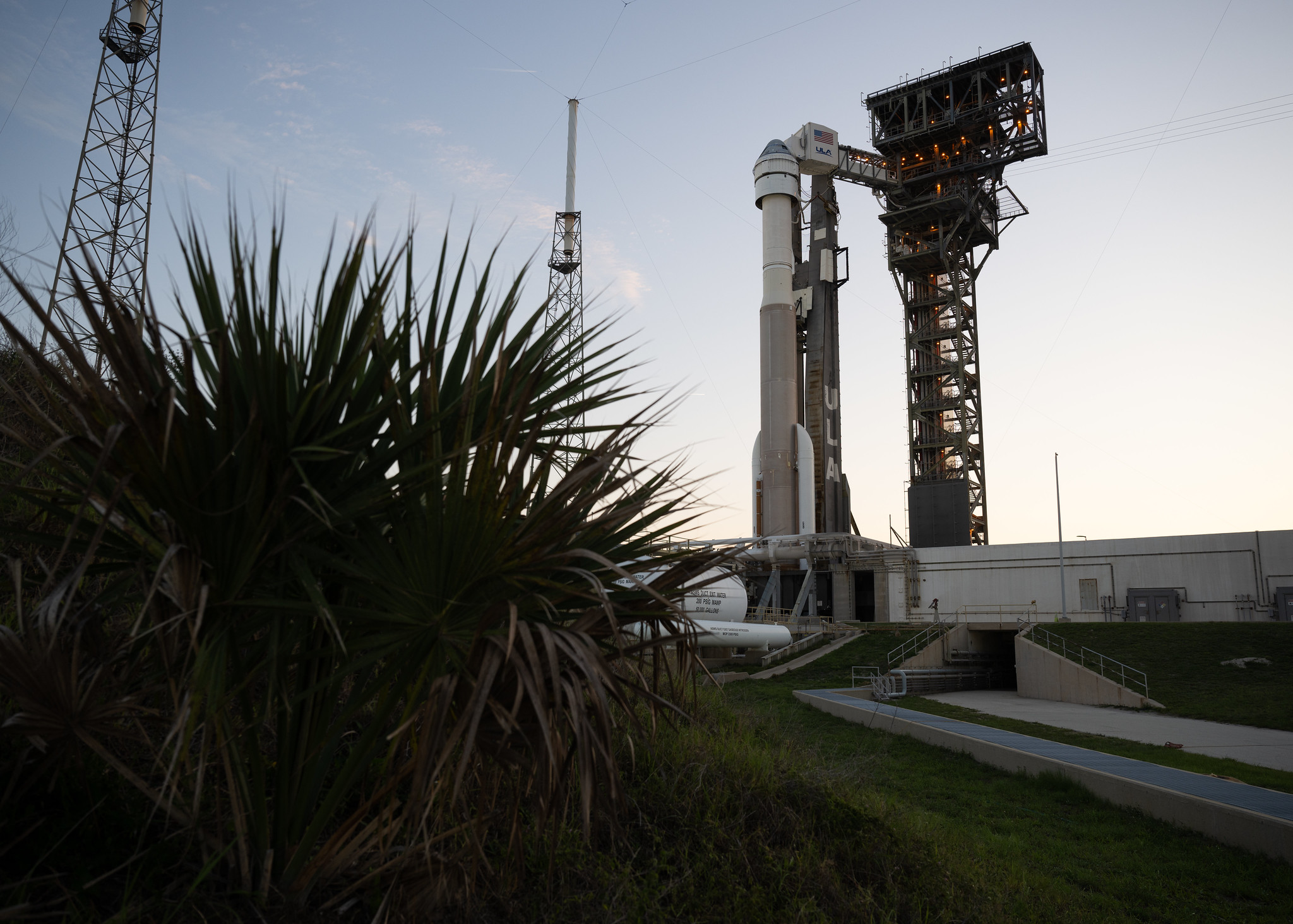 A United Launch Alliance Atlas V rocket with Boeing’s CST-100 Starliner spacecraft aboard is seen at sunset on the launch pad at Space Launch Complex 41 ahead of the NASA’s Boeing Crew Flight Test, Thursday, May 30, 2024 at Cape Canaveral Space Force Station in Florida.