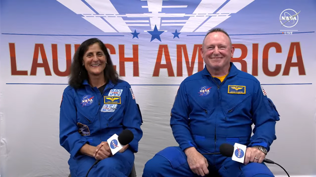 NASA astronauts Butch Wilmore and Suni Williams participate in a virtual media engagement event from inside the Astronaut Crew Quarters in the Neil A. Armstrong Operations and Checkout Facility at the agency’s Kennedy Space Center in Florida on Wednesday, May 1, 2024..
