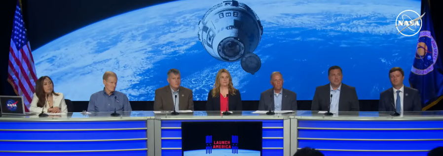 Officials from NASA, Boeing, ULA (United Launch Alliance) , and the U.S. Space Force 45th Weather Squadron participate in a prelaunch briefing for NASA’s Boeing Crew Flight Test at the agency’s Kennedy Space Center in Florida, Friday, May 3, 2024.
