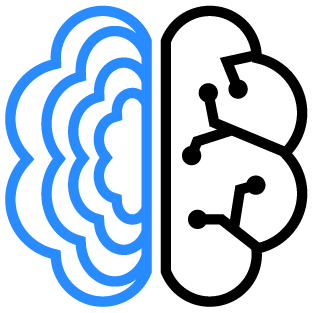 Icon of a brain with one side showing bright blue layers, the other side showing a neural network with circular points.
