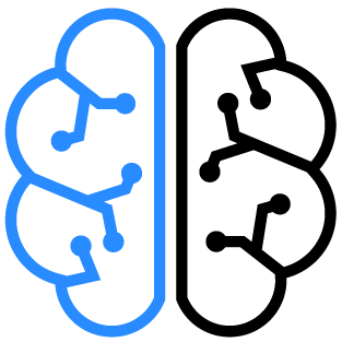 An icon of a brain made up of digital points. One side is bright blue and the other side is black.