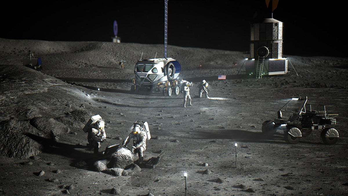 An artist’s rendering of astronauts working near NASA’s Artemis base camp, complete with a rover and RV.
