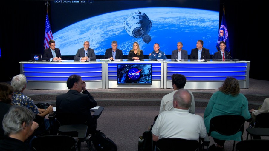 Image of NASA and mission partners conducting a prelaunch briefing at the agency's Kennedy Space Center in Florida, Friday, May 31, 2024 ahead of NASA, Boeing Crew Flight Test