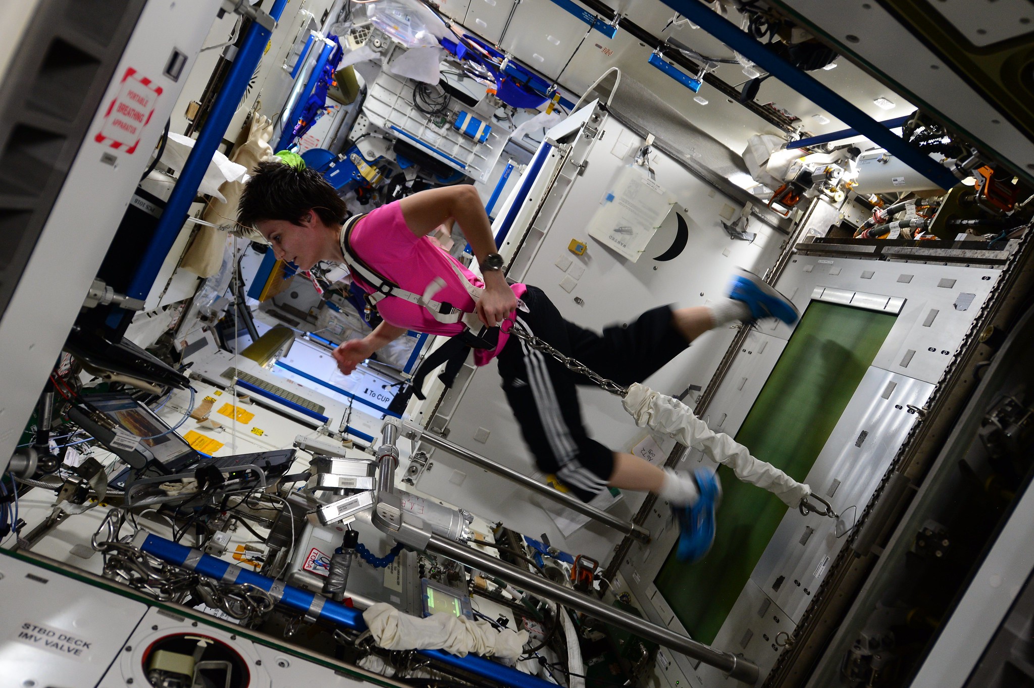 Cristoforetti wears a hot pink shirt, black pants with white stripes on the side, and blue running shoes and is watching a laptop in front of her. A white harness on her torso connects her to the sides of the green treadmill. Her legs are slightly blurred from the motion of her running and the entire image is tilted to the left so that she seems to be running down a steep hill.