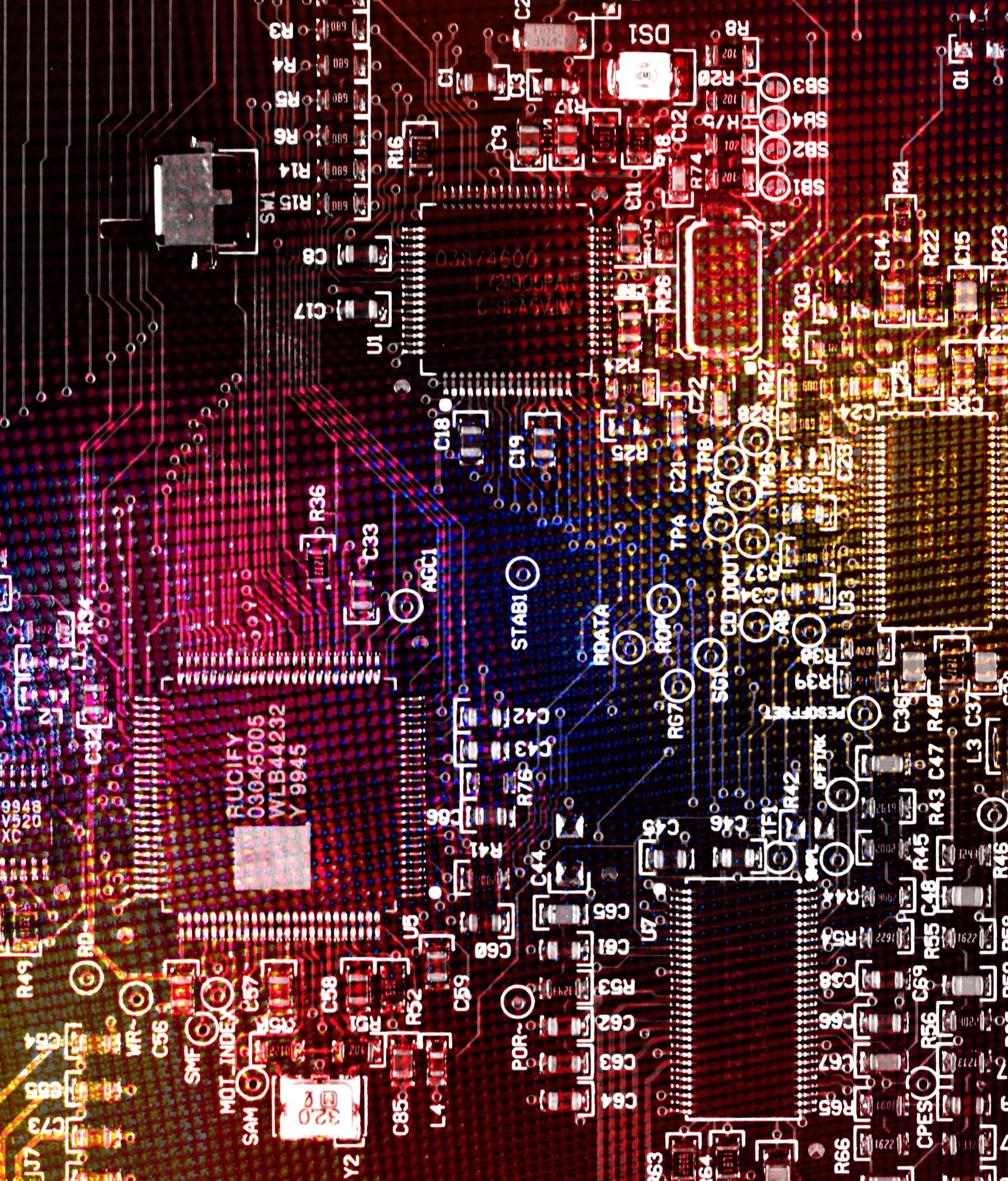 A closeup of a computer chip with a colorful overlay