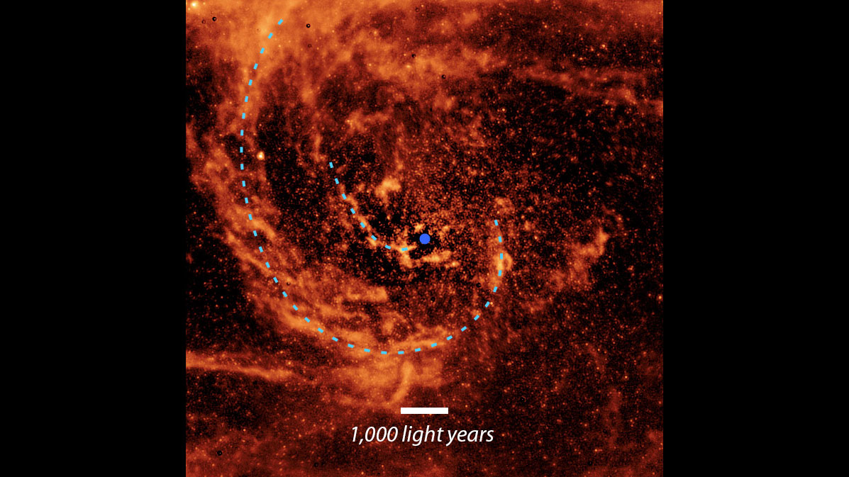 This close-up view of the center of the Andromeda galaxy, taken by NASA’s retired Spitzer Space Telescope, is annotated with blue dotted lines to highlight the path of two dust streams flowing toward the supermassive black hole at the galaxy’s center (indicated by a purple dot).