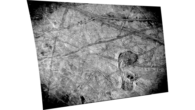 This black-and-white image of Europa’s surface was taken by the Stellar Reference Unit (SRU) aboard NASA’s Juno spacecraft during the Sept. 29, 2022, flyby. The chaos feature nicknamed “the Platypus” is seen in the lower right corner.