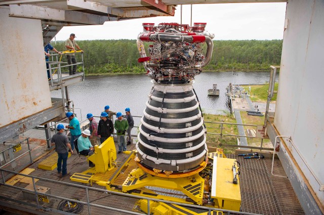 image shows a RS-25 engine removed from the Fred Haise Test Stand