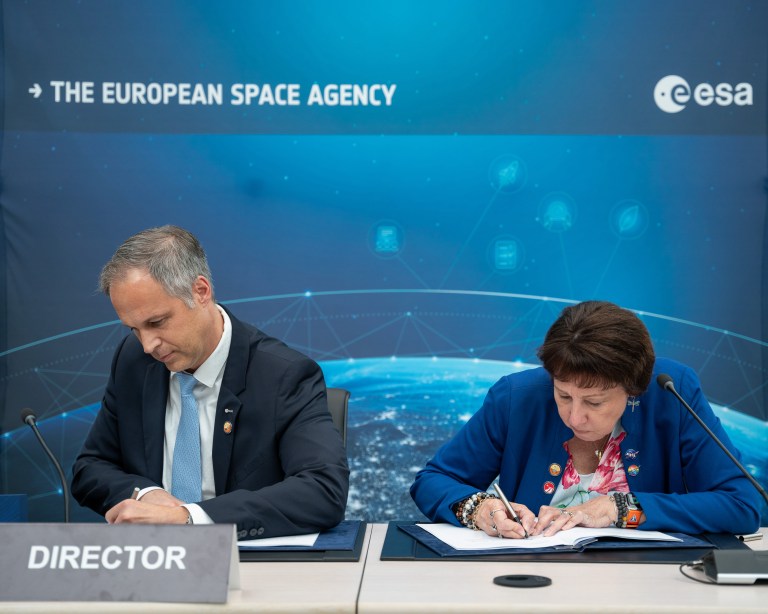 An image showing NASA’s Associate Administrator for the Science Mission Directorate Nicky Fox, seated to the right, and ESA’s Director of Human and Robotic Exploration Daniel Neuenschwander, seated to the left, signing an agreement on the Rosalind Franklin mission at ESA’s headquarters in Paris, France on May 16, 2024.