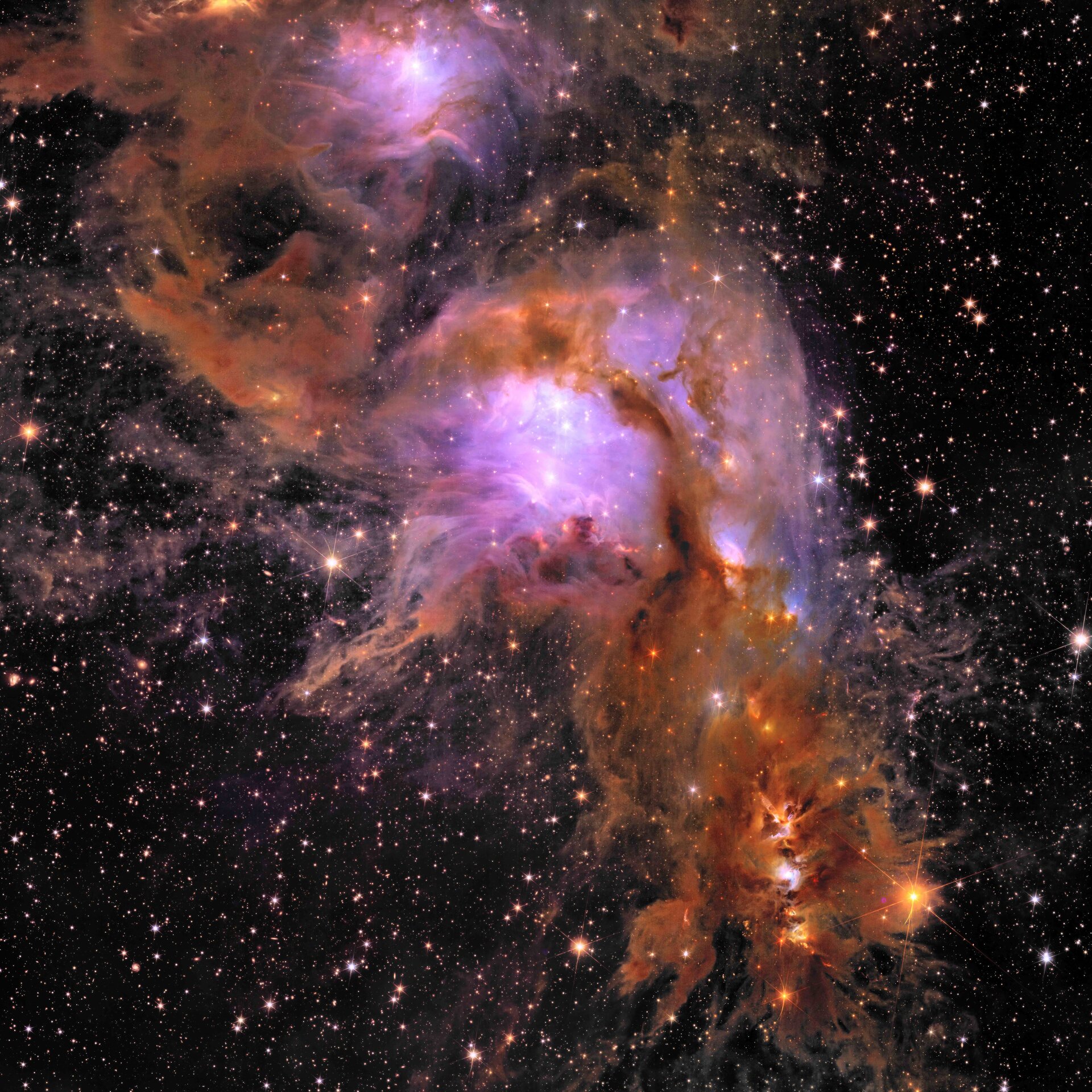 A filamentary orange veil covers a bright region of star formation. The background is dark, stippled with stars and galaxies ranging from small bright dots to starry shapes. The foreground veil spans from upper left to the bottom right and resembles a seahorse. Bright stars light up the ‘eye’ and ‘chest’ regions of the seahorse with purple light. Within the tail, three bright spots sit in a traffic-light like formation.