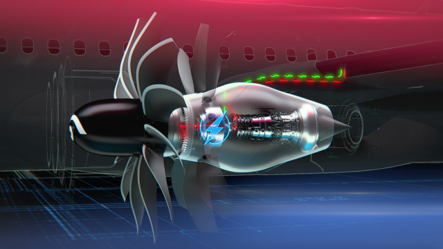 Graphic shows a possible future General Electric jet engine with exposed fan blades in front of a cut-away-interior view of its core mechanisms -- all part of NASA's HyTEC research project.