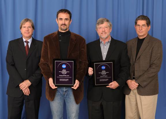 Photo of Team winning award at ARC Tech Transfer Ceremony: Pictured from L-R: NASA ARC Director of Partnerships Directorate: Gary L. Martin, Inventors: Philippe Sarrazin & David Blake, & ARC Associate Center Director: Dr. Steve Zornetzer.
