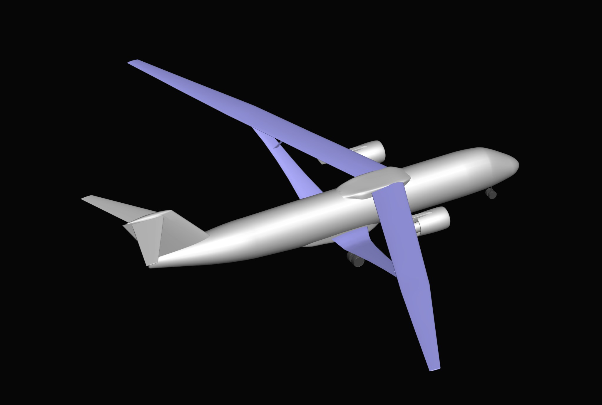 Top down view of a computer generated image showing an airplane with a silver body, T-shaped tail, and twin jet engines on a purple wing that is longer and skinnier than today's typical airliners.