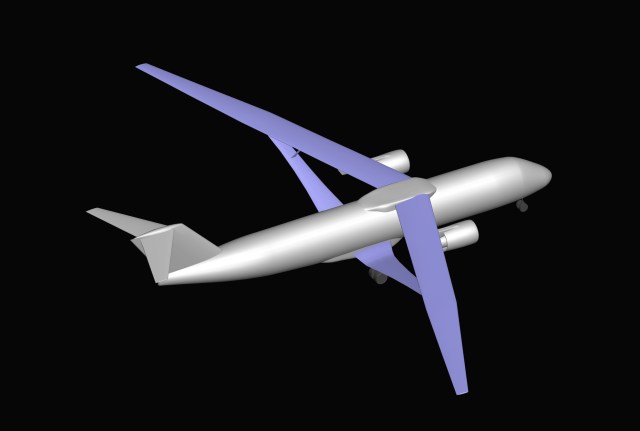 Top down view of an Aviary software computer generated image showing an airplane with a silver body, T-shaped tail, and twin jet engines on a purple wing that is longer and skinnier than today's typical airliners.