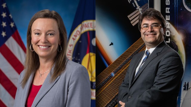 This image is a split portrait. On the left, a woman with long brown hair smiles in a gray blazer over a red top, with the U.S. flag (left) and the NASA flag (right) behind her. On the right, a man with black hair, wearing glasses and a dark gray suit with a blue tie, also smiles at the camera. The background behind him features images of space and satellites.