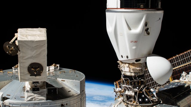 The SpaceX Dragon Endeavour spacecraft is pictured docked to the International Space Station's space-facing port on the Harmony module.
