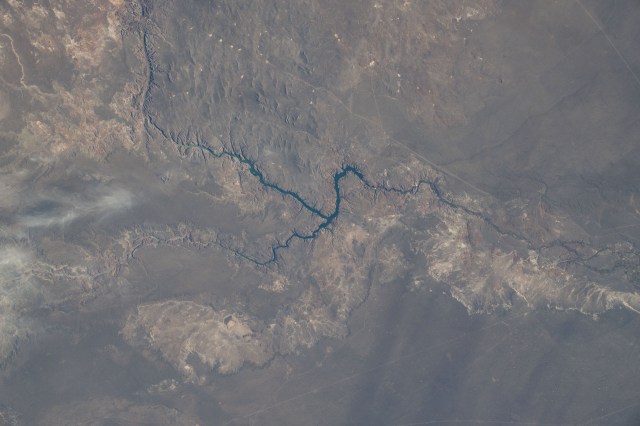 An artifical lake created by the Florentino Ameghino Dam on the Chubut River is pictured from the International Space Station as it orbited 266 miles above the Patagonia region of Argentina.