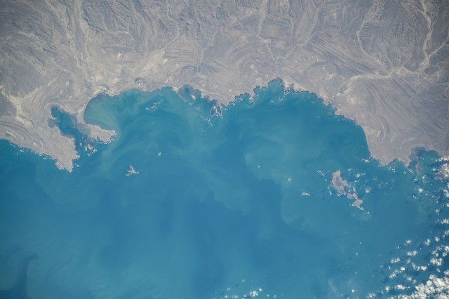 The San Jorge Gulf on Argentina's southern coast opens up to the Atlantic Ocean in this photograph from the International Space Station as it orbited 266 miles above the South Ameriican nation.