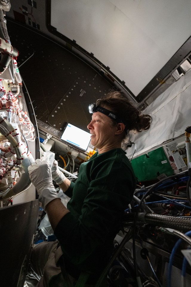 NASA astronaut and Expedition 71 Flight Engineer Tracy C. Dyson works in the Tranquility module replacing hardware that supports the water recovery system which is part of the International Space Station’s Waste and Hygiene compartment, or bathroom.