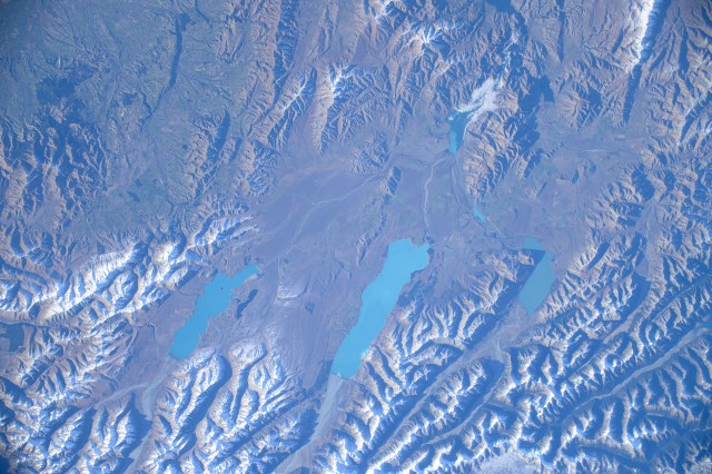 Lakes (from left) Tekapo, Pukaki, and Ōhau, near the Southern Alps, are pictured from the International Space Station as it orbited 266 miles above New Zealand.