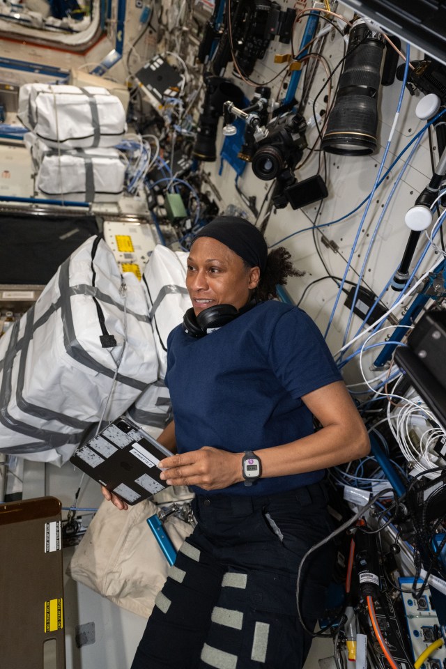 Expedition 71 Flight Engineer and NASA astronaut Jeanette Epps is pictured during a video crew conference aboard the International Space Station's Destiny laboratory module.