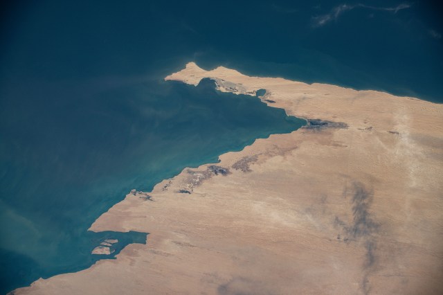 The Atlantic coastal desert region of the Sahara Desert in the African nation of Mauritania is pictured from the International Space Station as it orbited 258 miles above the Atlantic Ocean.