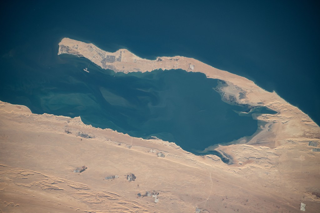 Dakhla Bay on the coast of Western Sahara is pictured from the International Space Station as it orbited 259 miles above the Atlantic Ocean.