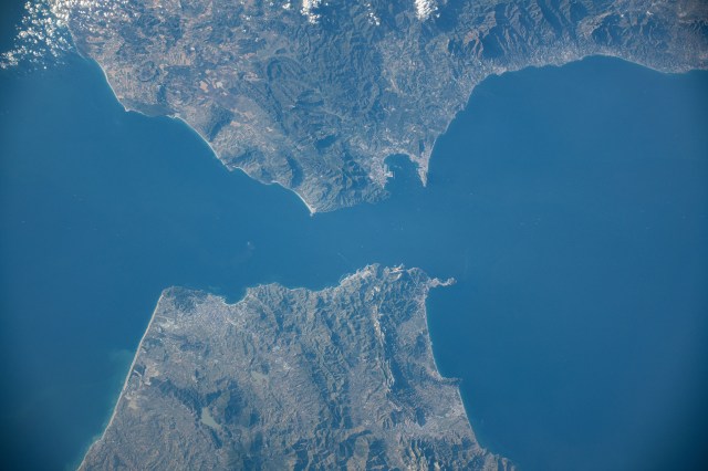 The Strait of Gibraltar separates the European nation of Spain from the African nation of Morocco and connects the Atlantic Ocean with the Medirrranean Sea. The International Space Station was orbiting 259 miles above North Africa at the time of this photograph.