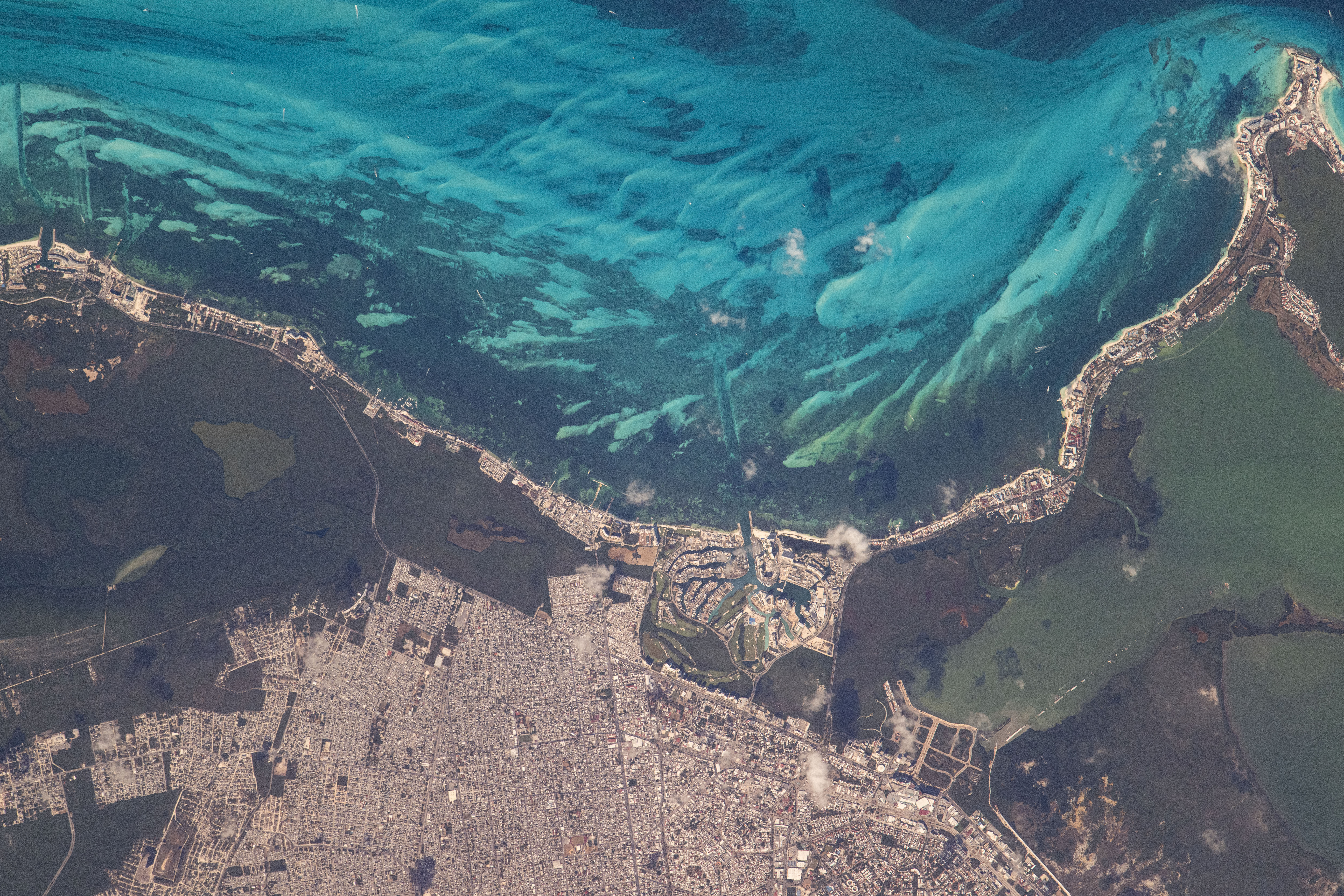 Cancún, Mexico, on the Yucatán Peninsula is pictured from the International Space Station as it orbited 258 miles above the Gulf of Mexico.