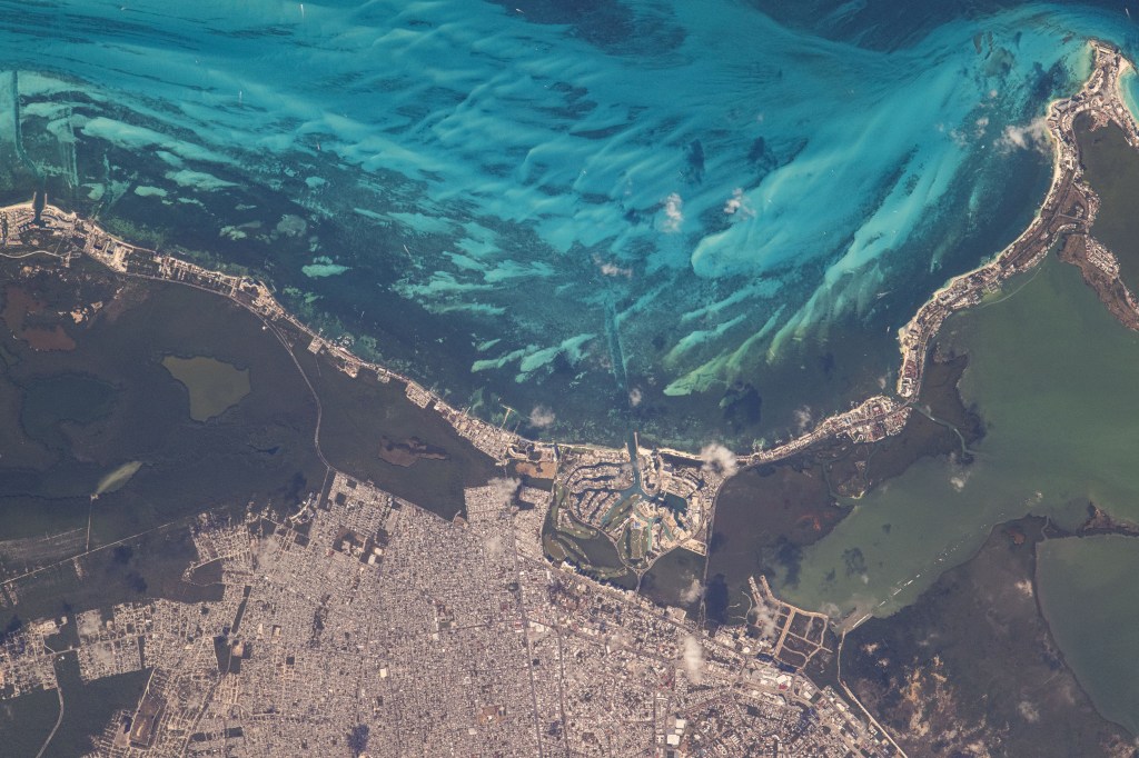 Cancún, Mexico, on the Yucatán Peninsula is pictured from the International Space Station as it orbited 258 miles above the Gulf of Mexico.