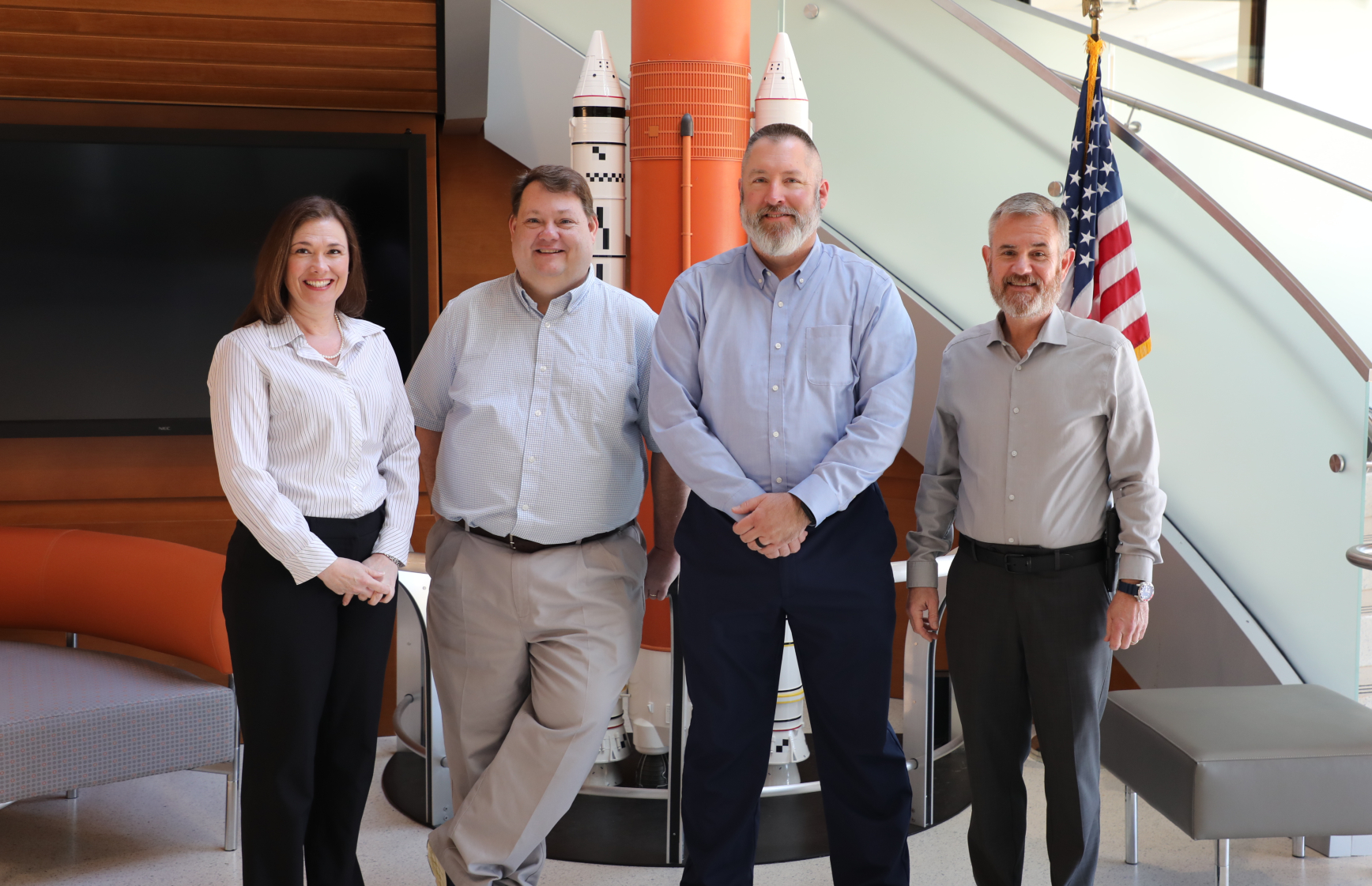 Marshall Space Flight Center’s Export Control Program team includes, from left, Elizabeth Ewald, senior export compliance specialist; Sean Benson, center export administrator; Chris Jones, export compliance specialist; and Chris Mathews, assistant center export administrator.