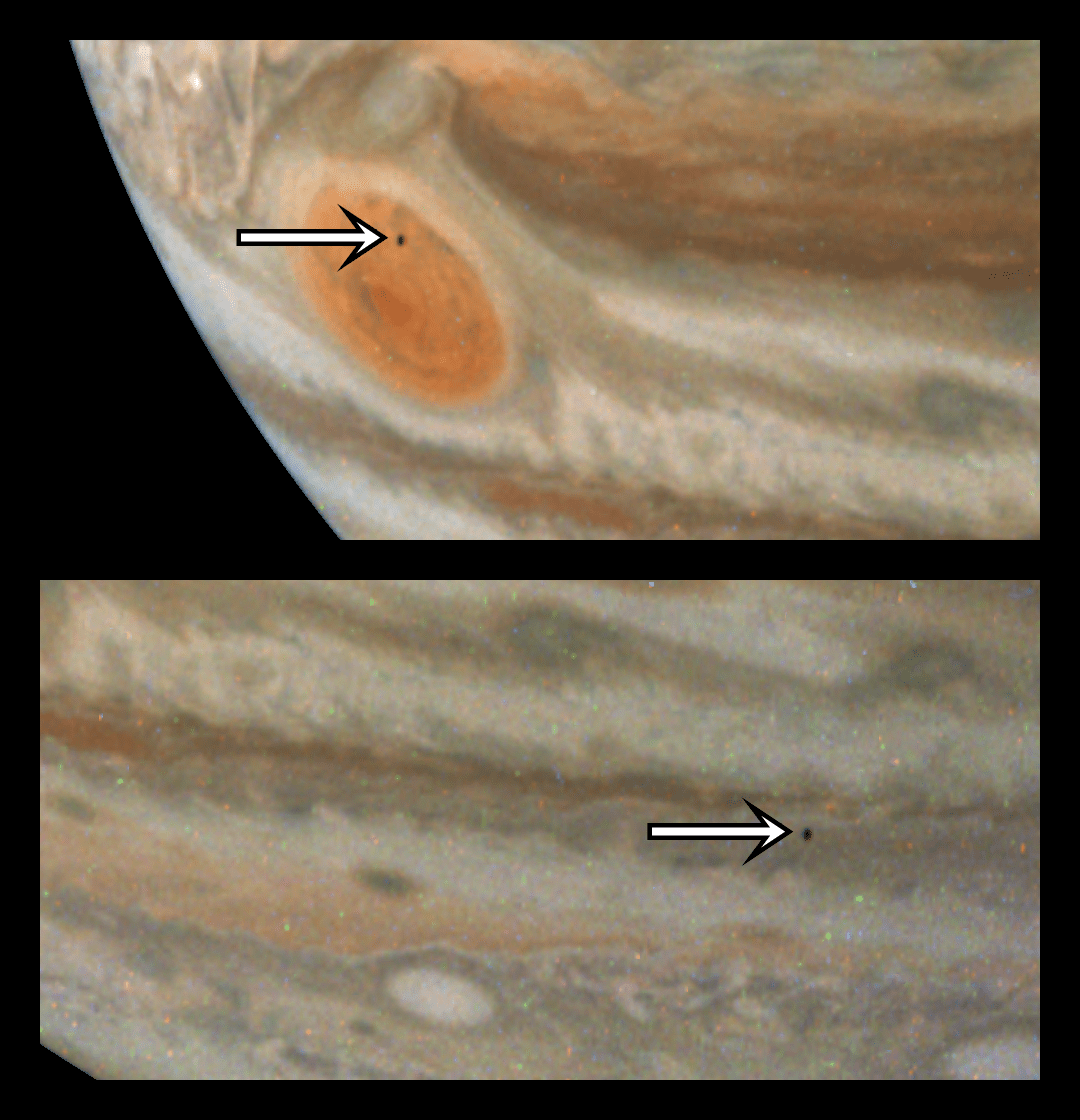 NASA’s Juno mission captured these views of Jupiter during its 59th close flyby of the giant planet on March 7, 2024. They provide a good look at Jupiter’s colorful belts and swirling storms, including the Great Red Spot. Close examination reveals something more: two glimpses of the tiny moon Amalthea.